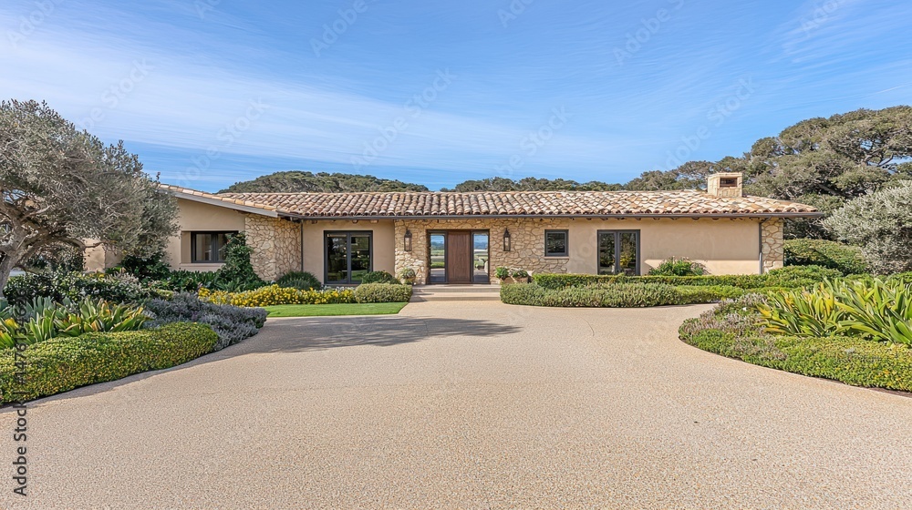Fototapeta premium Exterior view of a stately residence with landscaped grounds.