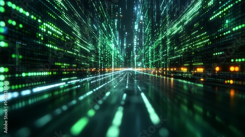 Digital Cityscape: A mesmerizing digital cityscape, where a pathway through an abstract world of binary code and luminous lines glows with ethereal energy.