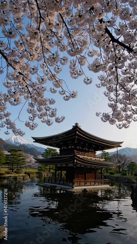 Wallpaper Mural A serene video scene captures a traditional Japanese pagoda from a low angle, framed by cherry blossoms, reflecting tranquility and cultural beauty. Torontodigital.ca
