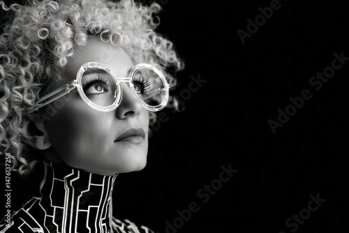 Stylish monochrome portrait of a woman with futuristic accessories.