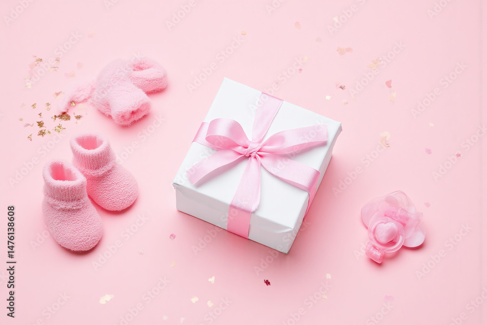 pink baby booties and a gift box on a pink background pink baby booties and a gift box on a pink background