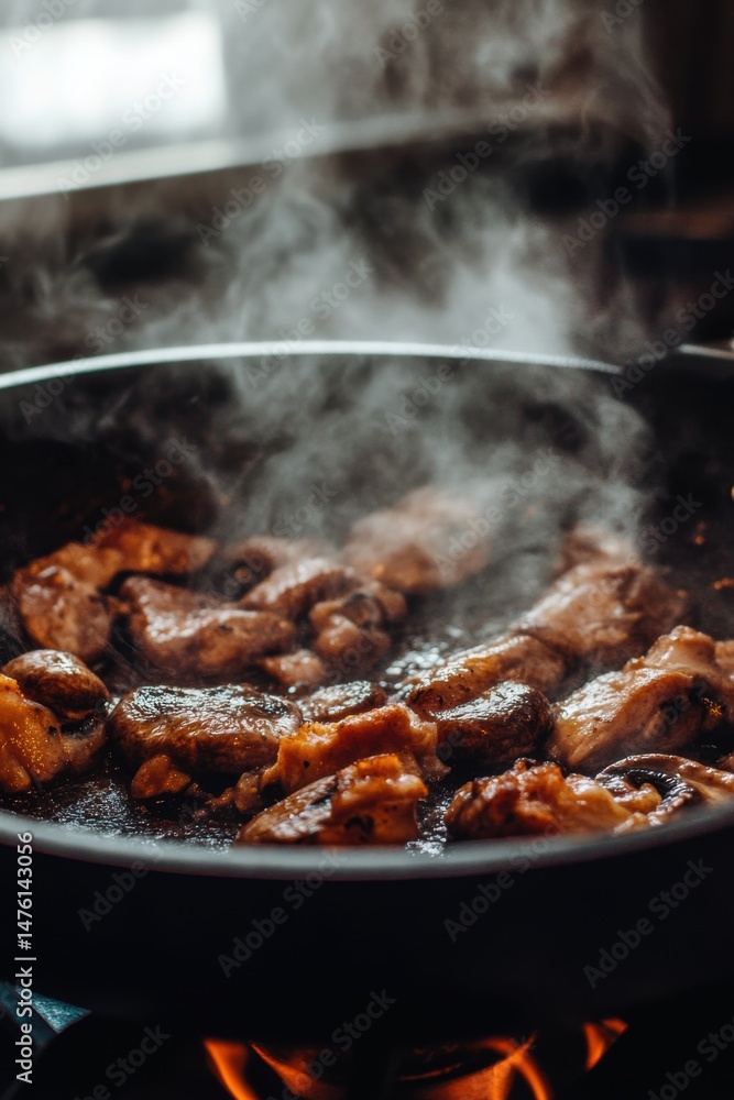 Close up of mushrooms and chicken cooking in a pan on a stove with steam rising in a kitchen setting Close up of mushrooms and chicken cooking in a pan on a stove with steam rising in a kitchen setting