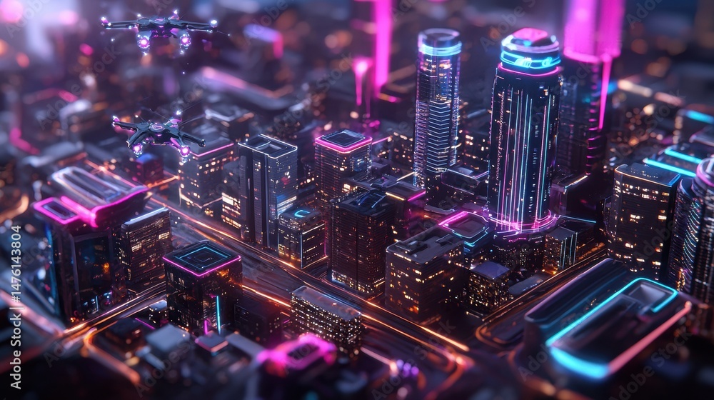 Obraz premium Vibrant High-Tech Cityscape of Paris with Towering Buildings and Futuristic Elements