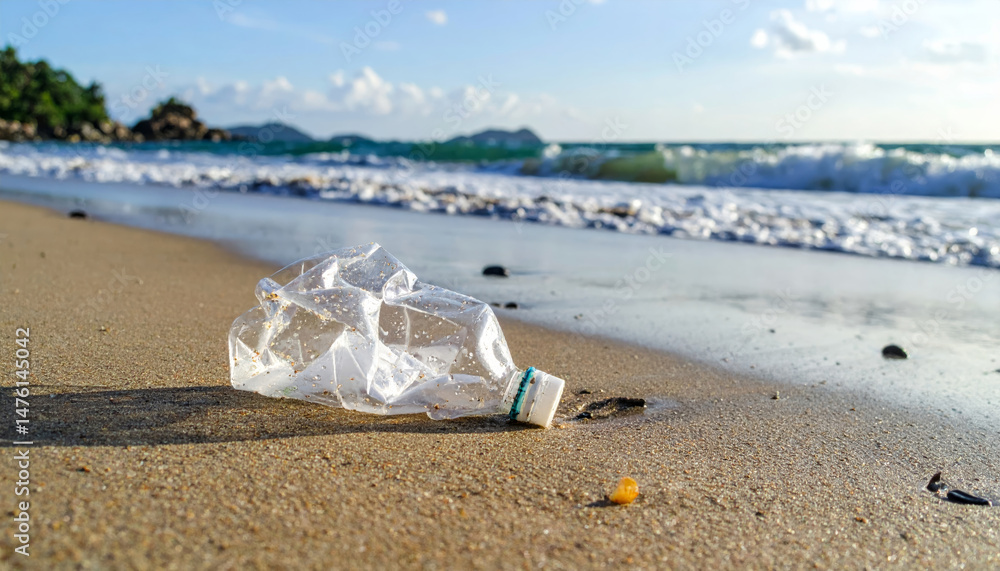 plastic bag washed ashore sandy beach, highlighting impact of pollution natural landscapes. scene captures contrast between serene ocean waves and litter, evoking sense of concern for environment plastic bag washed ashore sandy beach, highlighting impact of pollution natural landscapes. scene captures contrast between serene ocean waves and litter, evoking sense of concern for environment