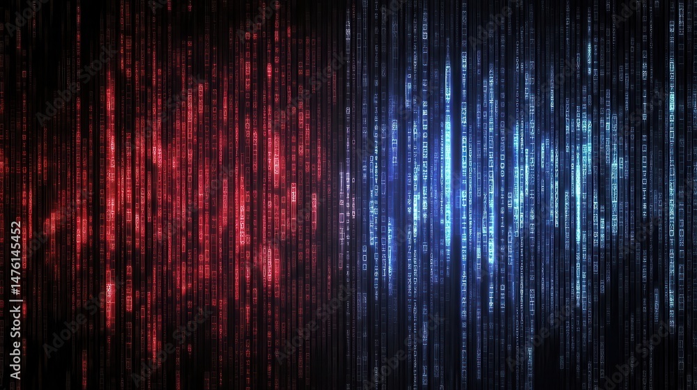 Abstract digital code stream binary data flow red and blue glowing lines technology background Abstract digital code stream binary data flow red and blue glowing lines technology background