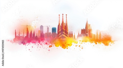 Whimsical Watercolor Illustration of Iconic Sagrada Familia in Barcelona Cityscape
