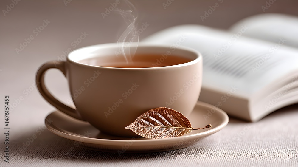 Fototapeta premium Steaming Herbal Tea Cup with Leaf and Open Book in Background