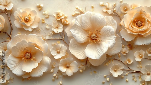 Beautiful cream embossed flowers with gold accents high resolution photo