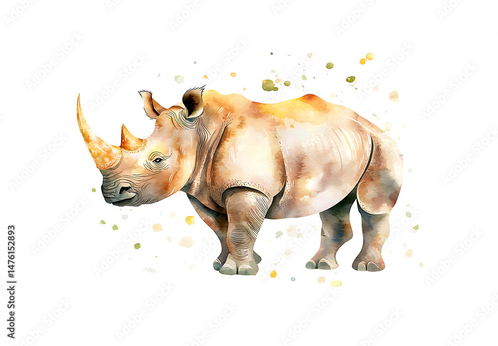 Fototapeta premium Beautiful watercolor illustration of white rhinoceros, showcasing its unique features and textures vibrant and artistic style. soft colors