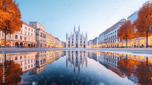 Wide Angle Shot of European City Skyline Reflecting in Water at Dusk