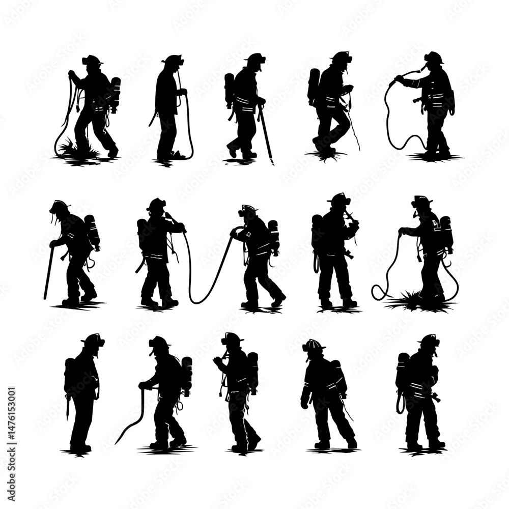 Obraz premium Firefighter in Action Silhouette set clipart on a white background