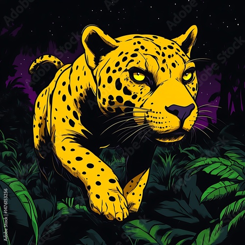 Yellow Leopard in Jungle Night