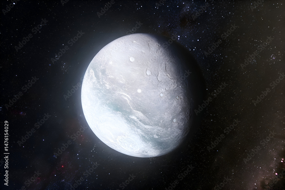 Fototapeta premium An image of Eris, one of the largest dwarf planets, showcasing its likely icy and cratered surface in shades of gray.