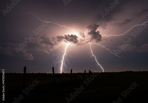 Wallpaper Mural Multiple bolts of lightning strike a dark field at night under stormy clouds behind a fence. Concept of power and nature event. Torontodigital.ca