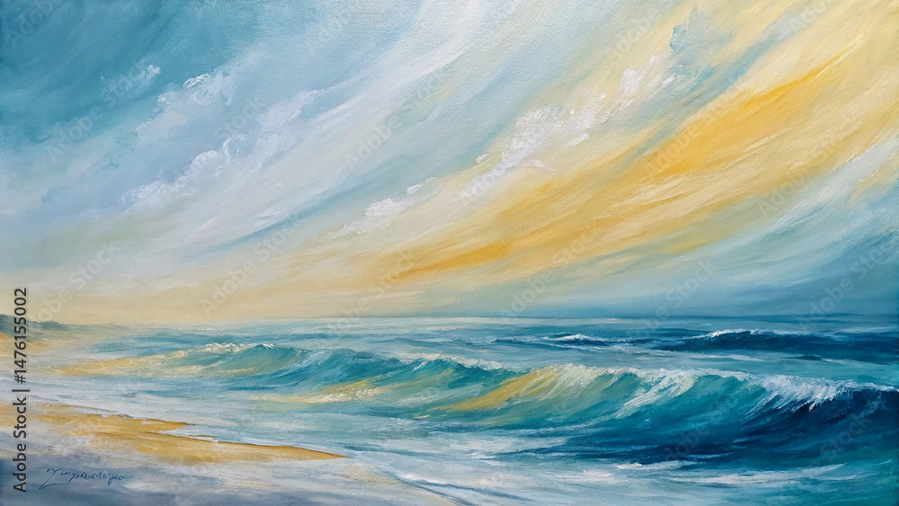 Obraz premium Serene Coastal Sunrise Painting, capturing a tranquil beach scene.