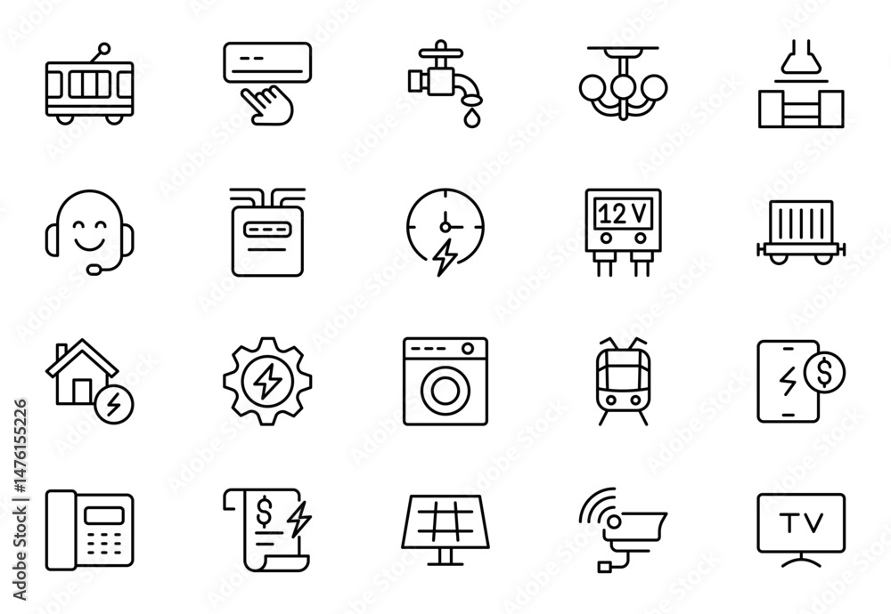 Public utilities line icons set. Public Utilities Water, Fuel, Electricity, gas, garage, Solar House, Rent receipt, Maintainence, and More vector illustration Public utilities line icons set. Public Utilities Water, Fuel, Electricity, gas, garage, Solar House, Rent receipt, Maintainence, and More vector illustration