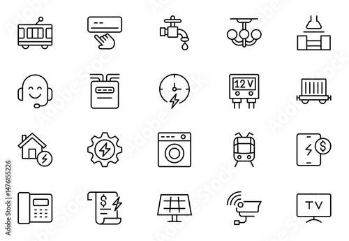 Public utilities line icons set. Public Utilities Water, Fuel, Electricity, gas, garage, Solar House, Rent receipt, Maintainence, and More vector illustration
