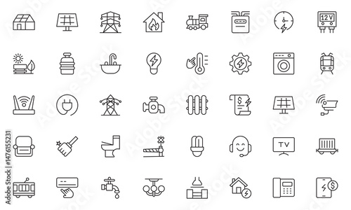 Public utilities line icons set. Public Utilities Water, Fuel, Electricity, gas, garage, Solar House, Rent receipt, Maintainence, and More vector illustration
