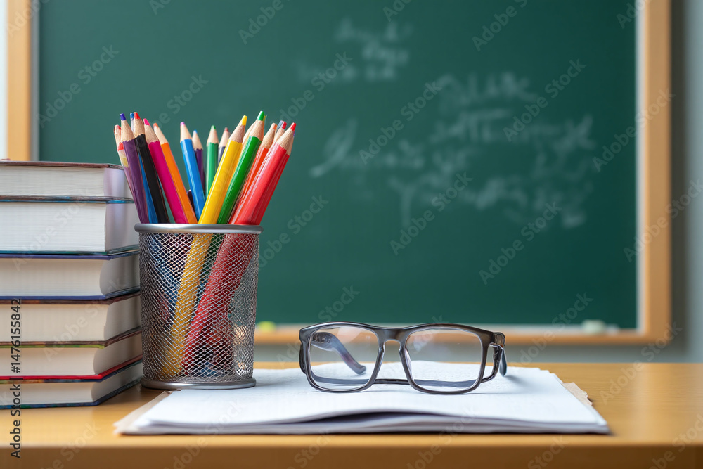 stack of books pencils pens and glasses on a desk with a blackboard in the background stack of books pencils pens and glasses on a desk with a blackboard in the background