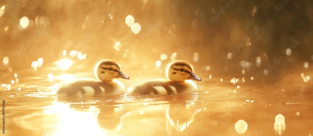 Fototapeta premium Golden Hour Ducklings: A Serene Sunset Reflection
