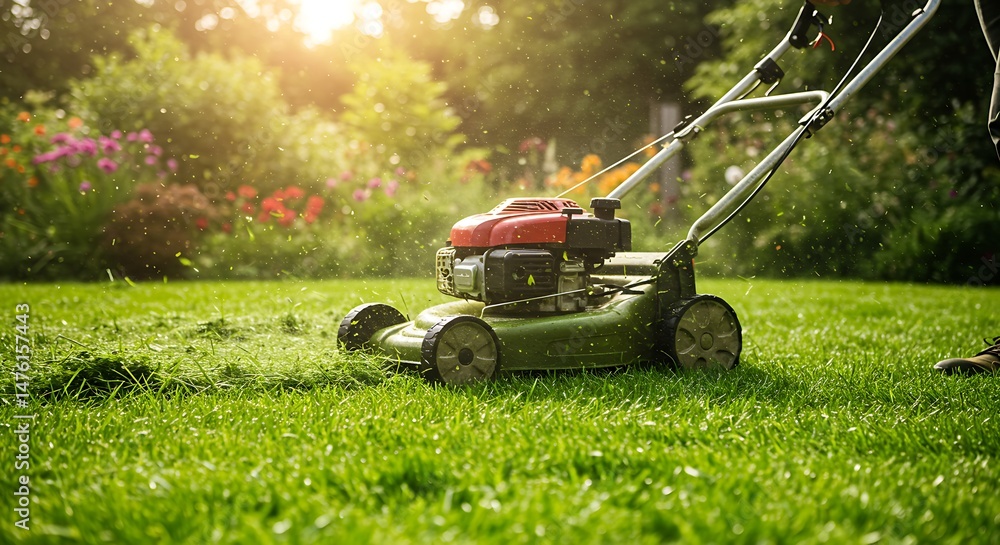 Fototapeta premium A person is mowing a lush green lawn with a green and black lawnmower, with sunlight creating a lens flare and a garden in the background