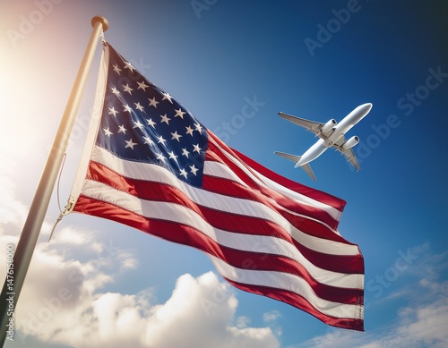 usa flag waving with plane flying in the background