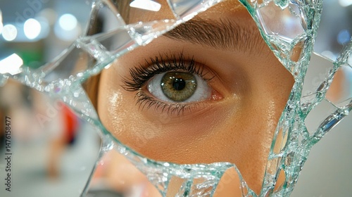A close-up eye, looking through shattered glass.  Female eye, focused, through broken glass
