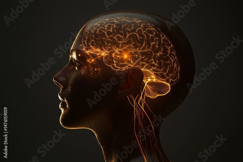 Transparent head profile, brain glowing 