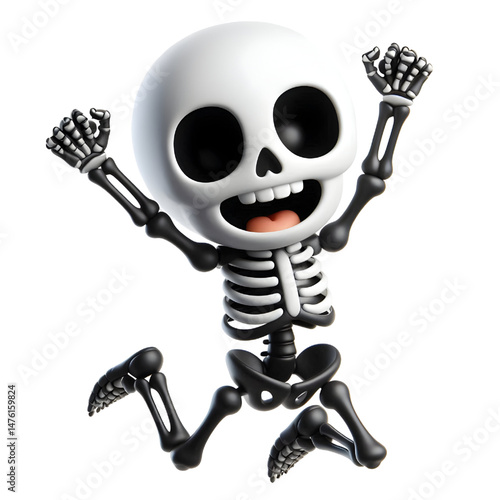 BLACK Cute 3D Skeleton Jumping With Happiness isolated on white background