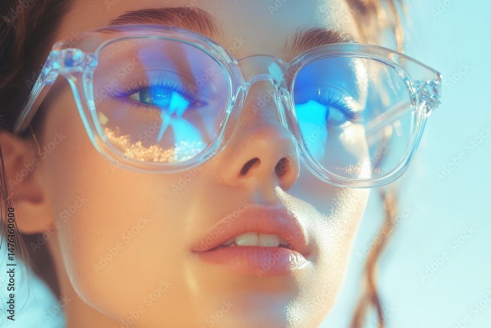 Close-up view of a young woman wearing clear glasses. Close-up view of a young woman wearing clear glasses.