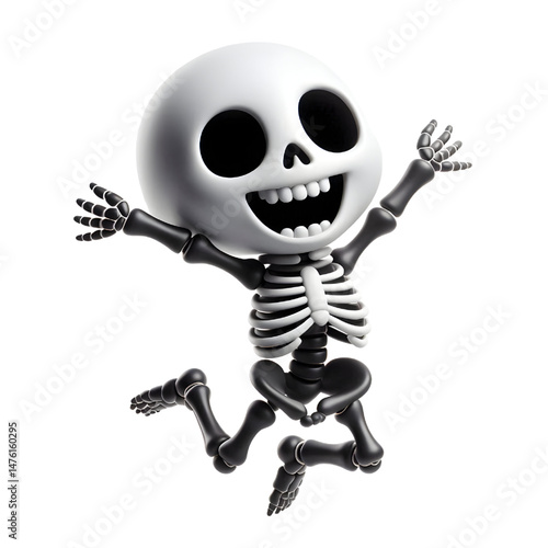 BLACK Cute 3D Skeleton Jumping With Happiness isolated on white background
