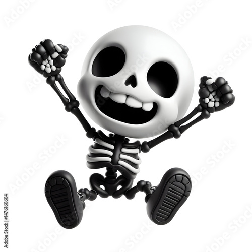 BLACK Cute 3D Skeleton Jumping With Happiness isolated on white background