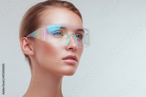 Stylish woman wearing futuristic glasses against a neutral background.