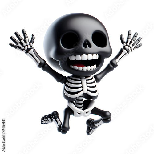 BLACK Cute 3D Skeleton Jumping With Happiness isolated on white background