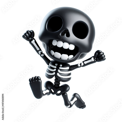 BLACK Cute 3D Skeleton Jumping With Happiness isolated on white background