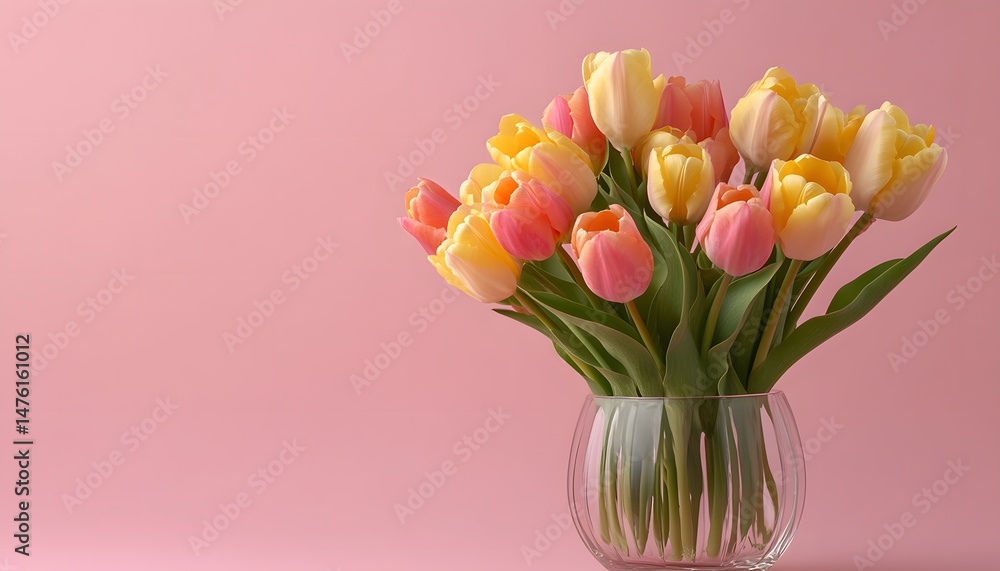 Obraz premium Tulips in glass vase on pastel background.