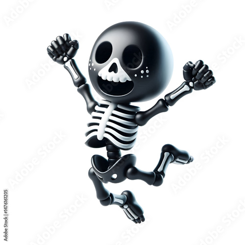 BLACK Cute 3D Skeleton Jumping With Happiness isolated on white background