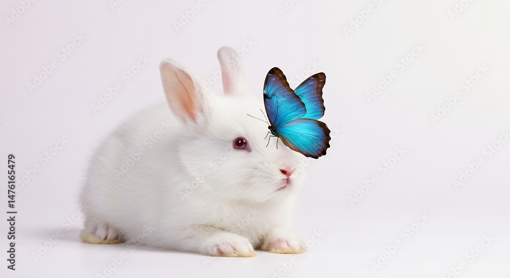 Obraz premium White rabbit with blue butterfly