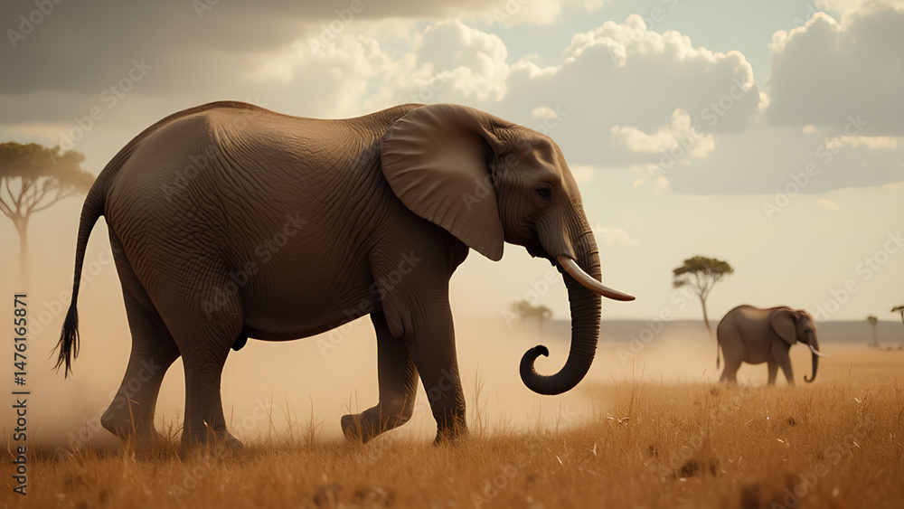 Fototapeta premium An old wise elephant walking through a dry African savanna