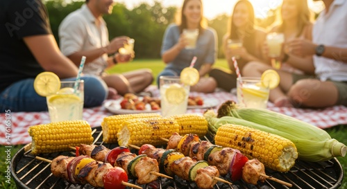 Outdoor group picnic and barbecue