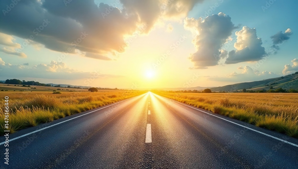 Naklejka premium Bright sunlight illuminates a paved roadway stretching into the distance , curve, space, surface