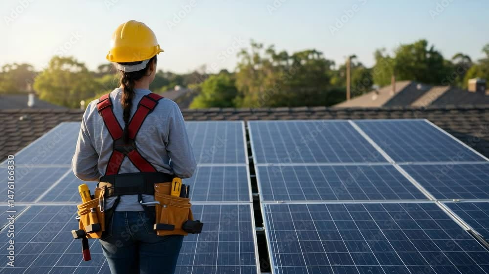 Female Solar Technician Installing Photovoltaic Panels on Rooftop in Suburban Area During Daylight, Promoting Renewable Energy and Sustainability Female Solar Technician Installing Photovoltaic Panels on Rooftop in Suburban Area During Daylight, Promoting Renewable Energy and Sustainability