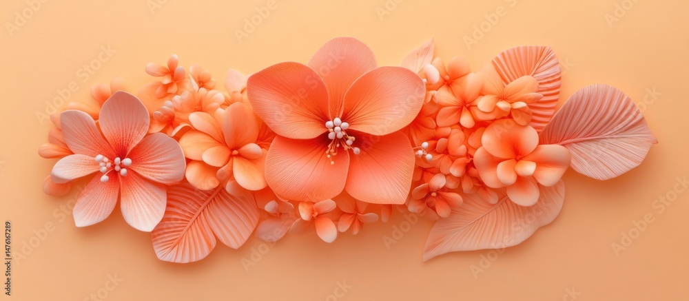 Obraz premium a delicate floral arrangement in soft coral tones, showcasing blooming flowers and elegantly textured leaves against a serene, pastel background, creating a visually soothing composition