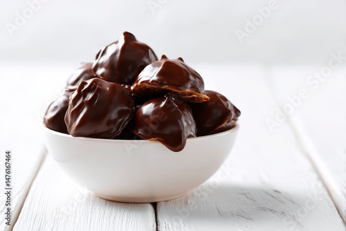 Delicious chocolate covered zephyrs in bowl on white wooden table