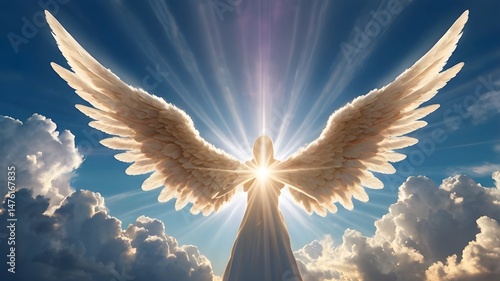 Heavenly sky with majestic clouds forming the shape of an angel with wings spread, sun rays breaking through, glowing light aura, peaceful and spiritual vibe,Generative Ai
