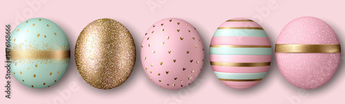 Colorful decorative Easter eggs with gold accents and patterns