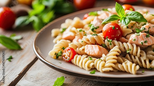 A beautifully plated dish featuring a thick salmon fillet, garnished with herbs, resting atop a bed of spaghetti.