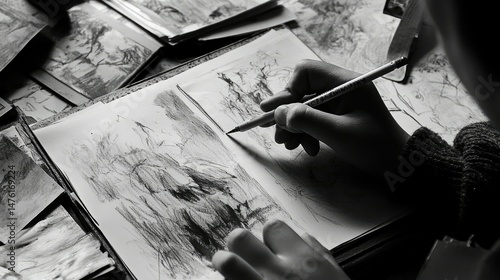 A close-up view of a child's hands drawing on a whiteboard with a black marker.