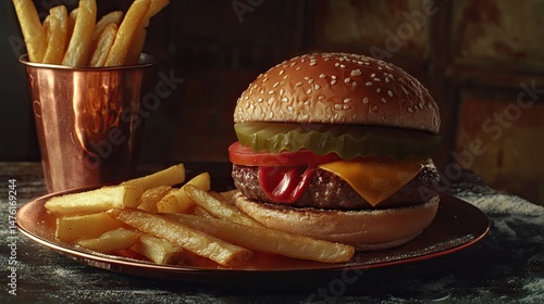 A mouth-watering cheeseburger topped with melted cheese and fresh lettuce, served in a toasted brioche bun.