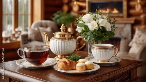 Wallpaper Mural Elegant Afternoon Tea Setting Golden Teapot Cups and Delicate Pastries Torontodigital.ca